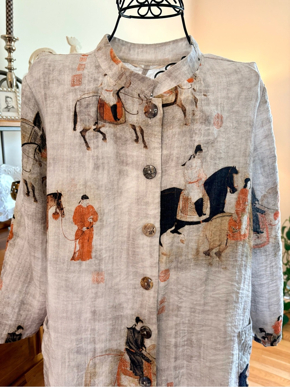 Soft Surroundings Neutral Linen Tunic with Orange and Black Equestrian Print